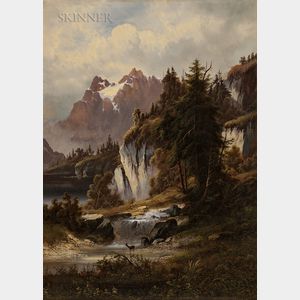 Continental School, 19th Century Alpine Landscape with Deer by a River