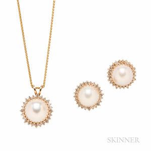 14kt Gold, Mabe Pearl, and Diamond Earrings and Pendant