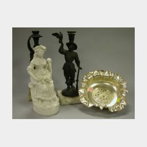 Pairpoint Silver Plated Fruit Bowl, Two Cast Metal Figural Candleholders and a Parian Figure.
