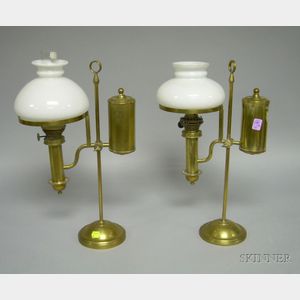 Near Pair of Brass Student Lamps with Milk Glass Shades