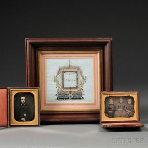 Framed Calligraphic Valentine and Two Quarter-plate Daguerreotype Portraits