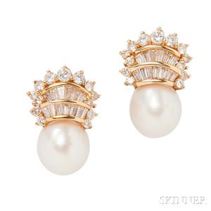 18kt Gold, South Sea Pearl, and Diamond Earclips