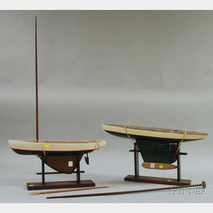 Two Painted Wood Sailboat Pond Models