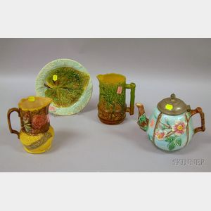 Pewter-lidded Majolica Floral Teapot, Two Majolica Floral and Leaf Decorated Jugs, and a Majolica Leaf Plate.D...