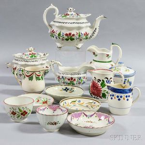 Twelve Pearlware Floral-decorated Tableware Items