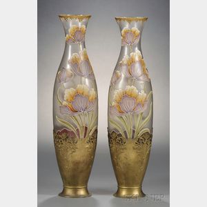 Pair of Gilt-metal mounted Floral Enameled Glass Vases
