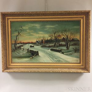 Attributed to Ellen Allen (American, 20th Century) Winter Village Scene with Horse-drawn Sleigh