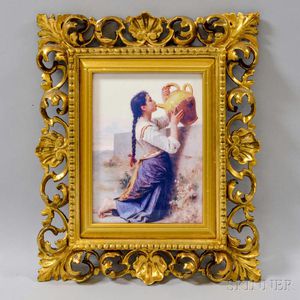 Framed Porcelain Plaque with Photomechanical Scene of a Girl Drinking Water