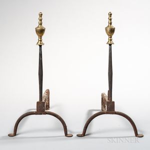 Pair of Wrought Iron Andirons with Brass Urn Finials