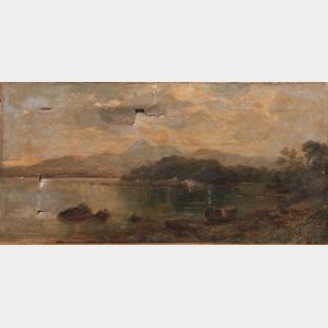 William McEvoy (Irish, fl. 1858-1891) Lake Shore with Beached Rowboat