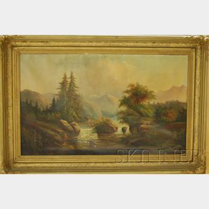 Hudson River School, 19th Century Landscape with Figures by a River.