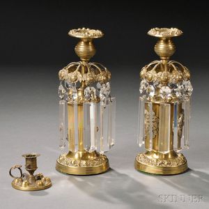 Pair of Pressed Brass and Glass Candlesticks and a Small Chamberstick