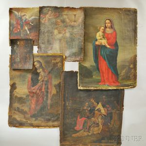 Spanish Colonial School, 18th to 20th Century Six Unstretched Canvases Depicting Religious Subjects: Female Saint (possibly St. Justina