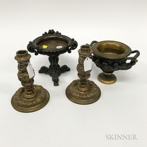 Pair of Baroque-style Bronze Candlesticks, a French Renaissance Revival Urn and a Renaissance-style Bronze Tazza