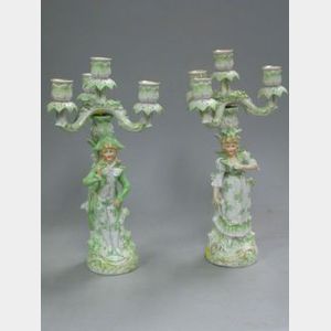 Pair of Porcelain Figural Three-Arm Candelabra.