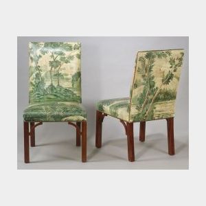 Pair of Georgian-style Handpainted Tapestry Oil Cloth Upholstered Mahogany Chairs.