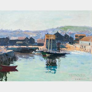 Charles Henry Richert (American, 1880-1974) Quiet Harbor with Docked Schooner