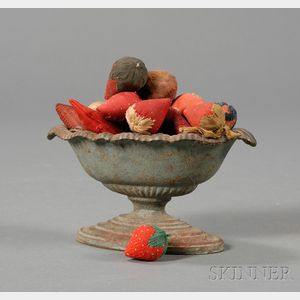 Small Blue-painted Cast Iron Urn Filled with Strawberry-form Pincushions and Emories
