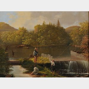 American School, 19th Century Three Boys Fishing at a Waterfall.