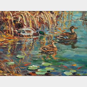 Wayne Beam Morrell (American, 1923-2013) Mallard Ducks in a Rockport, Mass., Pond