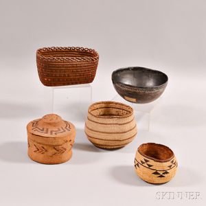 Four Western Baskets and Pottery Bowl