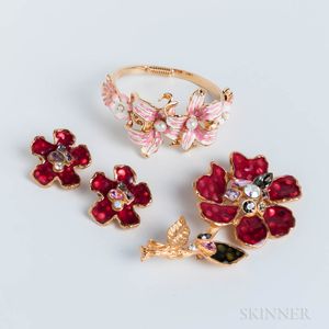 KJL by Kenneth Lane Floral Enameled Bangle and Christian LaCroix Floral Brooch and Earclip Set