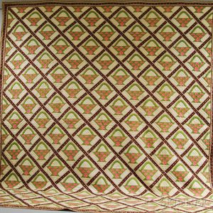 Hand-stitched Pieced Cotton Basket-pattern Quilt