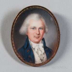 Attributed to John Ramage (New York/Canada, 1748-1802) Miniature Portrait of a Man in a Blue Jacket