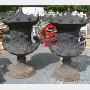 Pair of Renaissance-style Black-painted Cast Iron Covered Urns