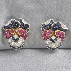 Platinum and 18kt Gold Gem-set Pansy Earclips, Tiffany & Co.