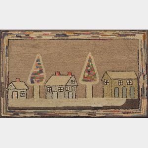 Wool Pictorial Hooked Rug with Houses and Christmas Trees