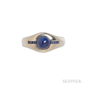Platinum, Cabochon Sapphire, and Sapphire Ring