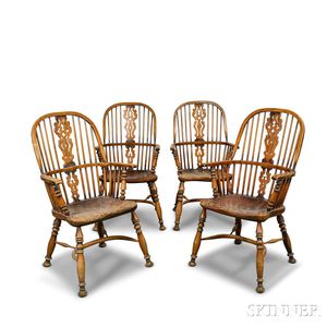 Set of Four English Elmwood Windsor Armchairs