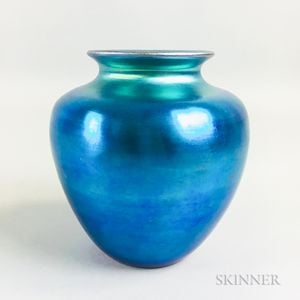 Iridescent Blue Vase Attributed to Steuben