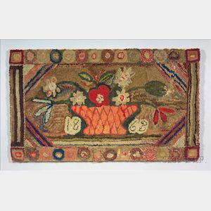 Large Wool and Cotton Hooked Rug with Basket of Flowers