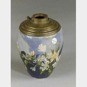 Limoges-style Barbotine Floral Decorated Pottery Oil Lamp Base
