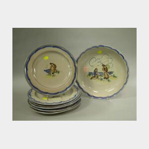 Set of Seven Norwegian Tin Glazed Pottery Dinner Plates and a Serving Bowl.