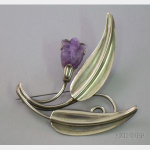 Large Mexican Silver and Purple Quartz Flower and Leaves-form Brooch