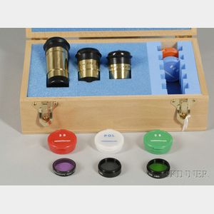 Three Brass Brandon Eyepieces and Five Vernonscope Filters