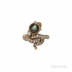 Antique 18kt Gold, Pearl, and Diamond Snake Ring