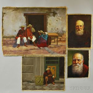 F. Jara Caldas (Ecuadorian, 20th Century) Four Unstretched Oils on Canvas: Two Portrait Heads of a Man with a White Beard (one smoking