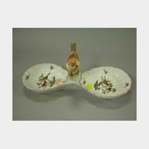 Herend Handpainted Figural Porcelain Rothschild Bird Pattern Double Serving Dish.
