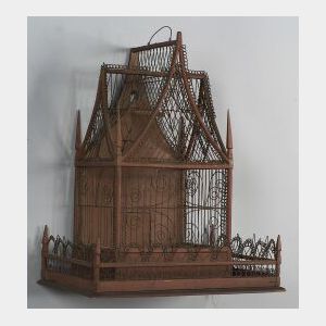 Painted Wood and Wirework Birdcage