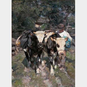 Heinrich Johann von Zügel (German, 1850-1941) Farmer with Cows