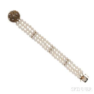 14kt Gold, Diamond, and Cultured Pearl Bracelet