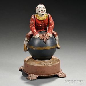 Painted Cast Iron Mechanical "Clown on Globe" Bank