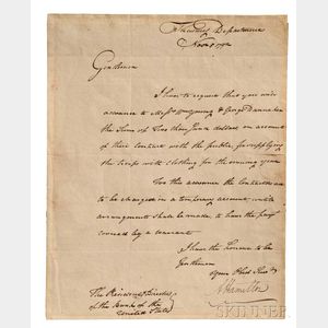 Hamilton, Alexander (1757-1804) Letter Signed, 5 November 1792.