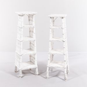 Two White-painted Woven Wicker Freestanding Shelves