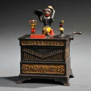 Painted Cast Iron Mechanical Boy and Girl "Organ Bank" Bank