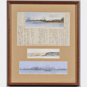 Three Ink or Watercolor and Ink Drawings and a Logbook Page from the Frigate Merrimack